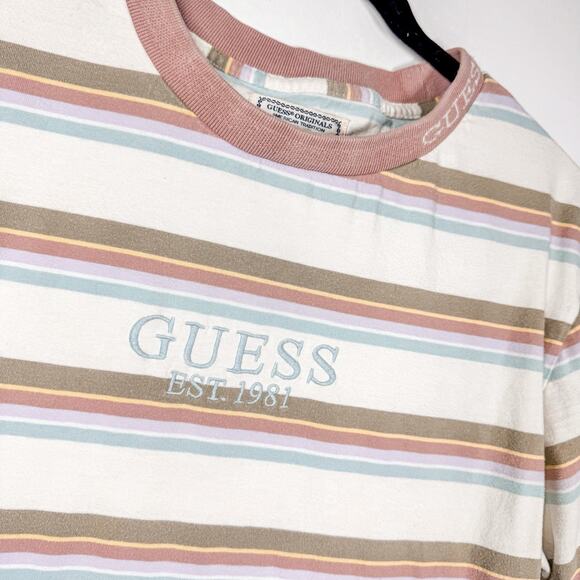 VTG Guess 1981 Retro Embroidered Ringer Pink Striped T Shirt 90s Crewneck Small - Picture 1 of 7